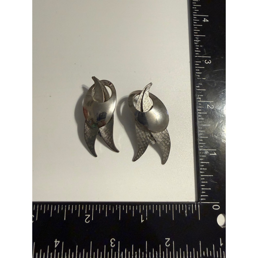 Vintage Silver Tone Abstract Mid Century Modern MCM Clip On Statement Earrings
